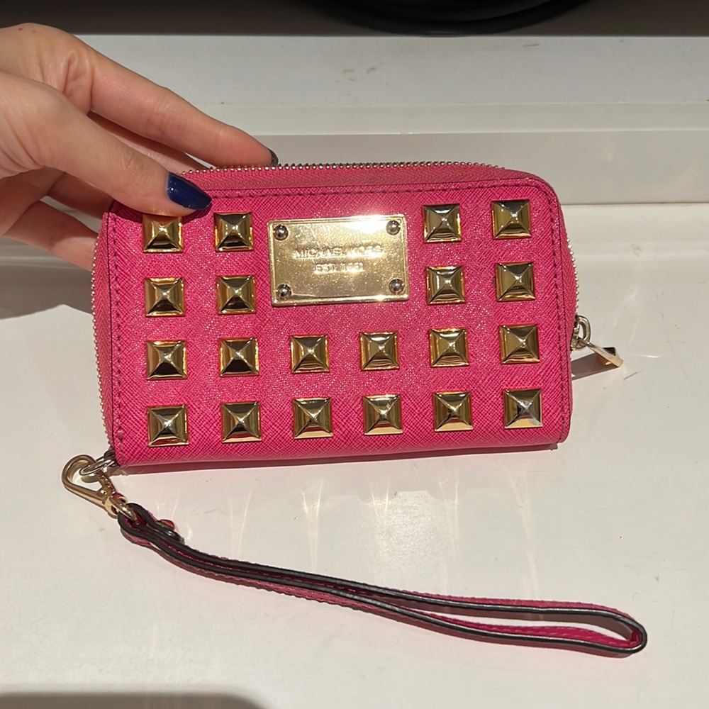 Michael Kors Pink Leather Studded Zip Around Wallet